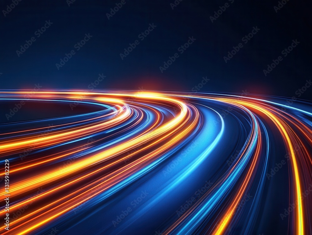 Poster dynamic abstract rendering of light trails in motion against a dark backdrop creating a sense of spe