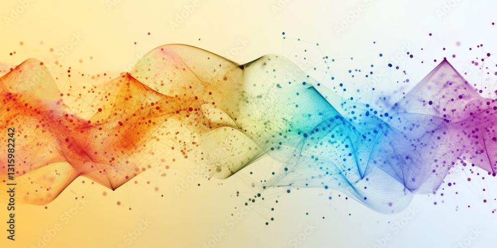 Poster this colorful abstract image showcases flowing waves with soft gradients and scattered digital parti