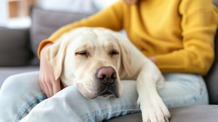 A person lovingly cuddling with their dog on the couch, capturing the affectionate bond between pets and their owners on National Pet Day.
