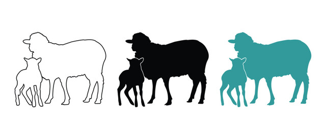 Silhouette of sheep and Lambs vector icon set illustration on white background.