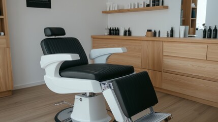 Modern Barber Chair in Stylish Minimalist Barbershop Interior with Natural Wood Accents and Grooming Products