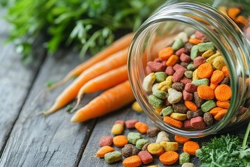 A clear jar filled with colorful pet food pieces, displayed on a wooden surface with fresh carrots and greens, symbolizing healthy and balanced nutrition for pets.