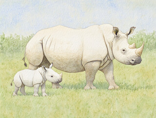 Obraz premium Mother and Baby Rhino Watercolor Painting