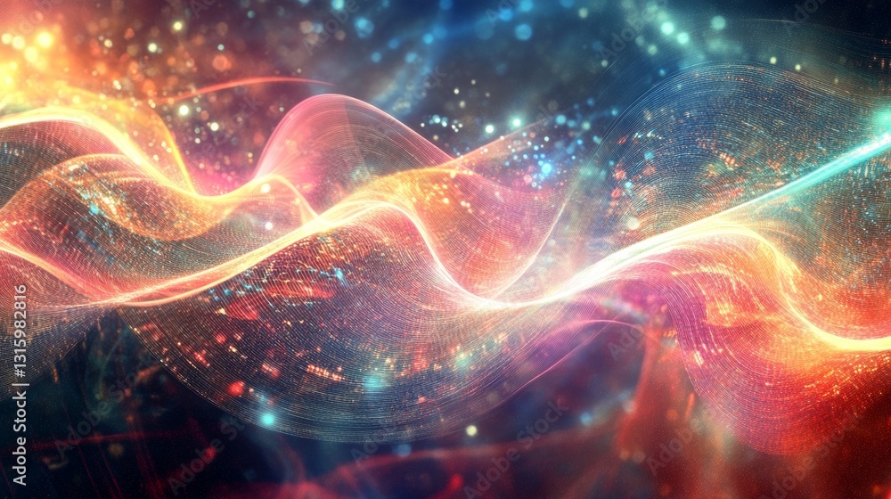 Poster a colorful wave of light with a red and orange section. the wave is made up of many small dots and i
