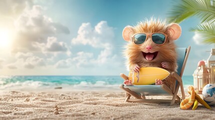 Naklejka premium Adorable Fluffy Hamster Relaxing on Miniature Beach Chair with Sunglasses and Surfboard Cute and Playful Rodent Enjoying Summer Vacation in Tropical Setting
