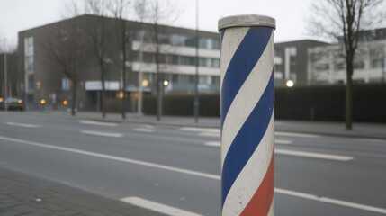 Classic Barber Pole in Urban Setting with Street and Buildings in Background, Foggy Day
