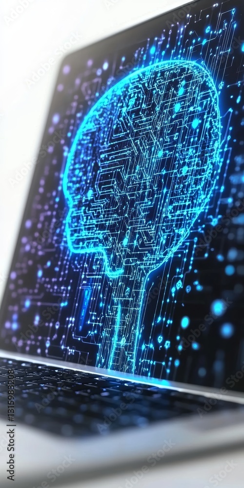 Poster this image depicts an abstract digital brain visualization on a modern laptop screen. the intricate 