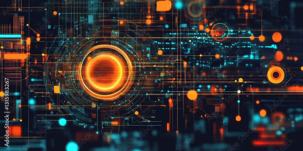 Poster explore a vibrant and futuristic abstract technology background featuring glowing circles and intric