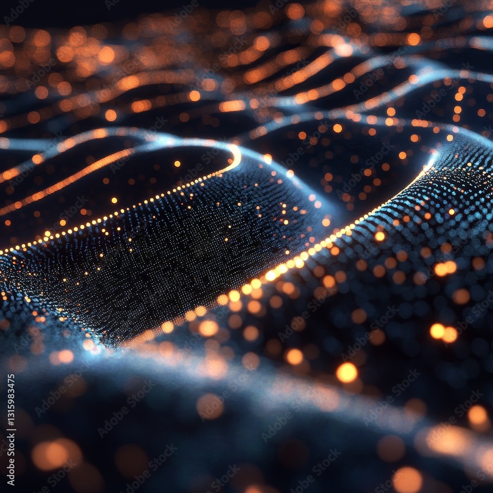Poster a computer generated image of a wave with a lot of sparkles. the image has a futuristic and dreamy f