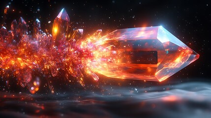 Stunning transparent crystal shards erupting outward with light streaks and vivid energy waves