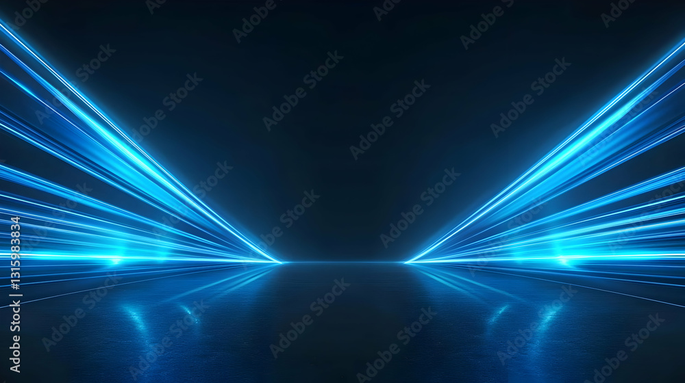 Aufkleber vivid blue neon lights converge in symmetrical pattern on dark reflective surface with sparkling par