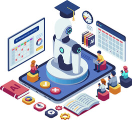 Isometric Students Interacting with AI-Powered Learning Platform