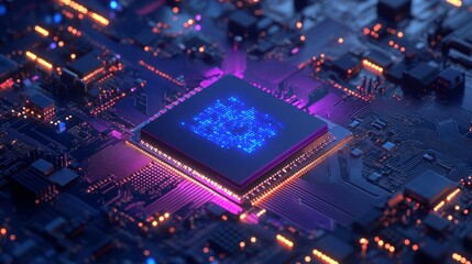 A stunning close-up of a futuristic circuit board featuring a glowing microchip at its center. The vibrant blue and purple lights highlight the intricate electronic design.
