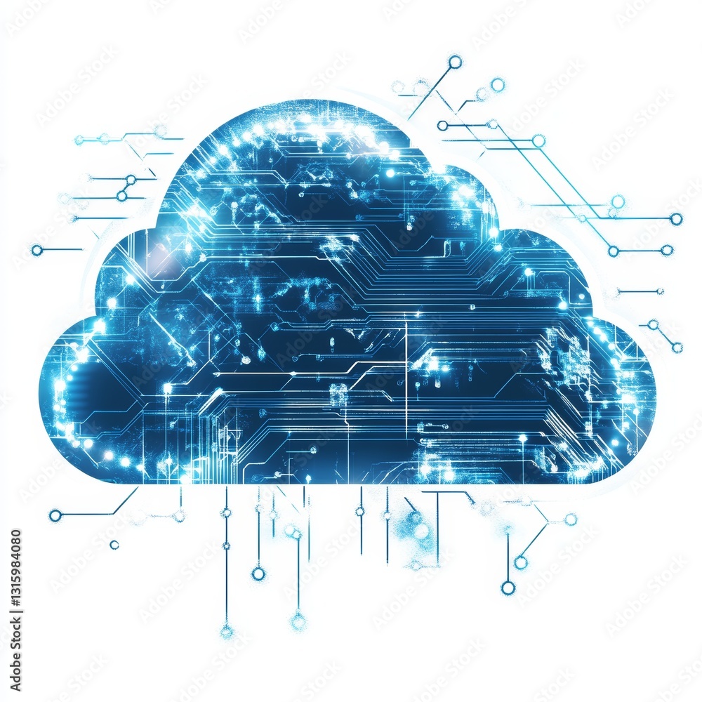Poster an abstract representation of a digital cloud filled with circuit patterns and glowing light effects