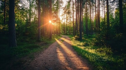 Obraz premium Sunlit path through lush green forest at sunset.
