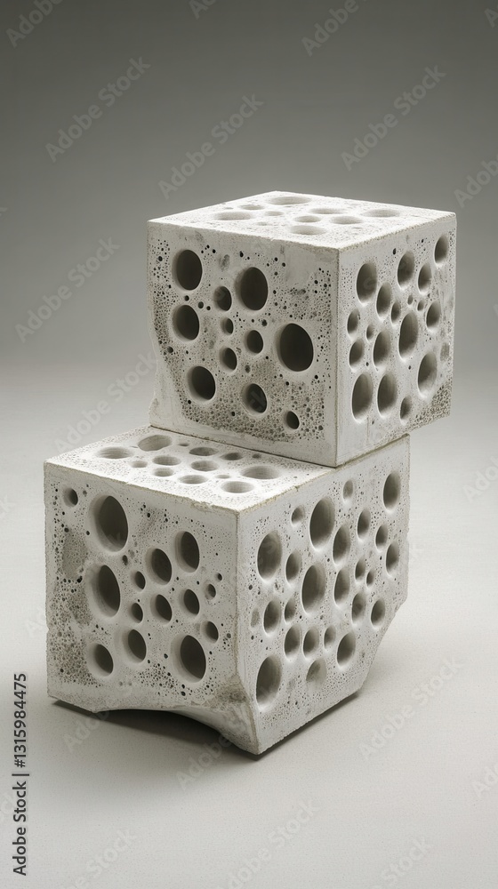 Poster two abstract porous concrete cubes stacked on top of each other against a plain background creating 