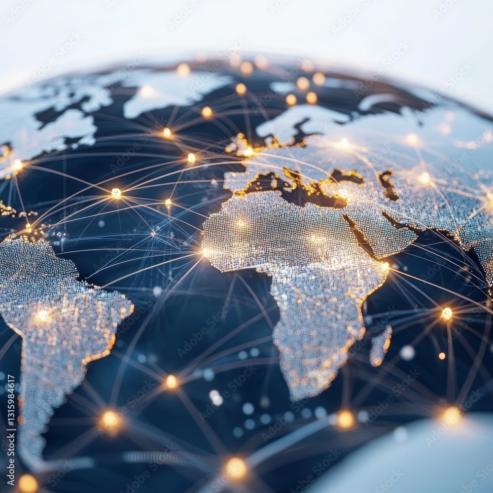 Poster abstract visualization of a globe showcasing a network of connections illuminated by bright lines an