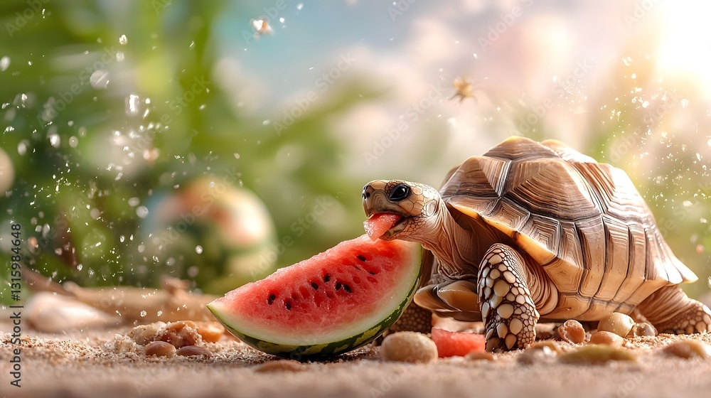 Poster closeup of a red footed tortoise enjoying a refreshing slice of juicy watermelon while surrounded by