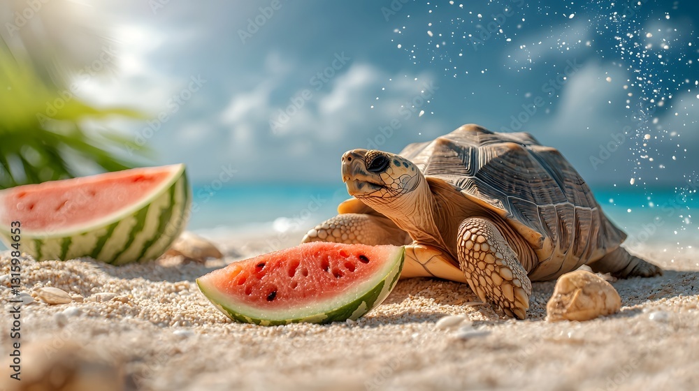Poster close up of a red footed tortoise leisurely enjoying a refreshing slice of watermelon against a lush