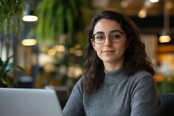 Portrait of a female engineer using her laptop to brainstorm AI-driven solutions for improving electronic circuits in a high-tech office.
