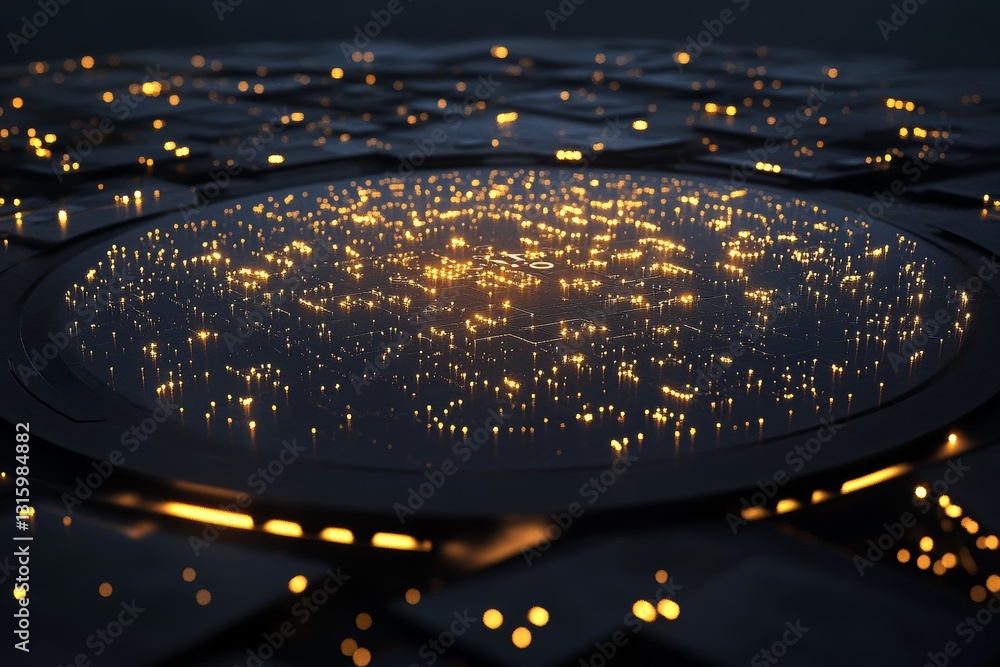 Poster an abstract digital network featuring bright lights on a sleek surface, evoking a sense of innovatio