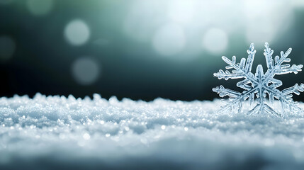 Close Up of an Intricate Snowflake on a Bed of Sparkling Snow With a Soft Focus Background