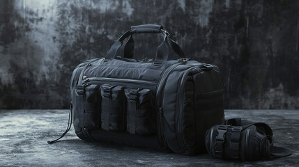 Black tactical duffel bag and a camera positioned together on a table surrounded by additional gear and supplies