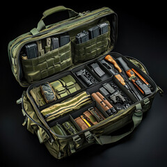 Military style tactical sports duffel bag packed with gear and accessories on a table for outdoor activities