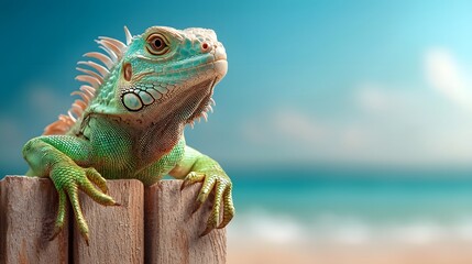 Fototapeta premium A green iguana perched on a wooden beach fence with the rolling ocean waves and seascape in the background creating a peaceful and tranquil coastal scene