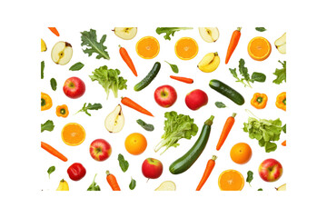 Obraz premium A vibrant collage of fresh fruits and vegetables, including apples, bananas, bell peppers, carrots, and leafy greens, arranged in a visually appealing pattern.