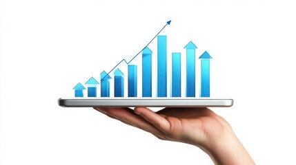 Hand Holding Tablet with Growing Bar Graph and Upward Arrow