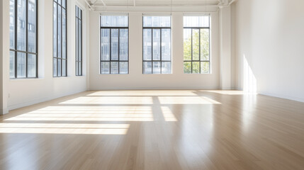 Fototapeta premium Bright and spacious empty room with large windows and wooden floor, perfect for various activities