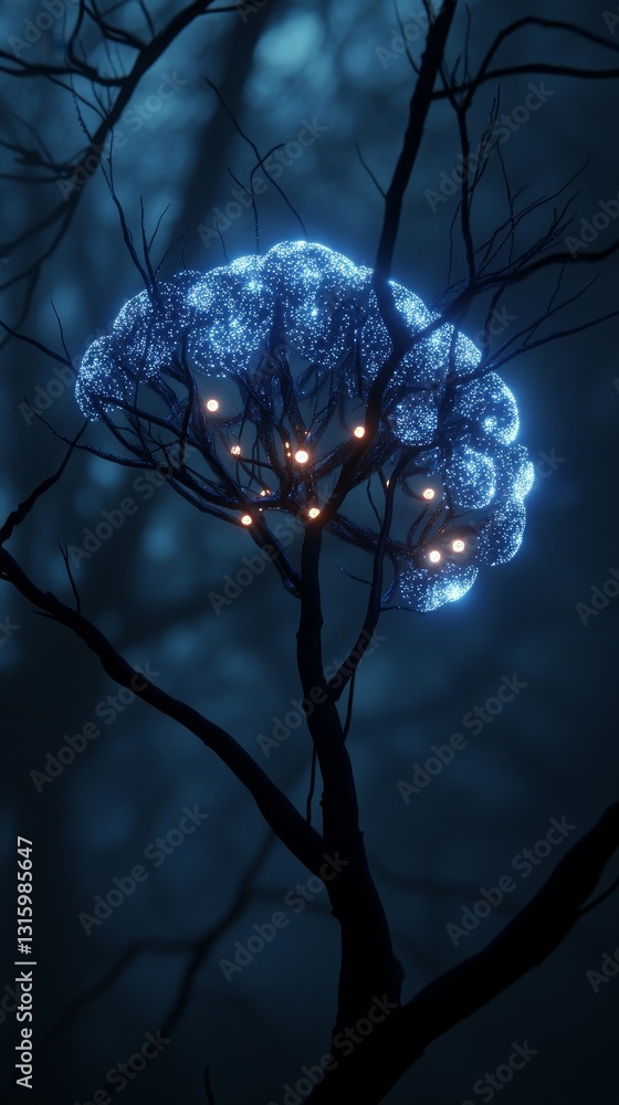 Poster an imaginative tree structure resembling a brain, illuminated by glowing lights in a foggy forest, c