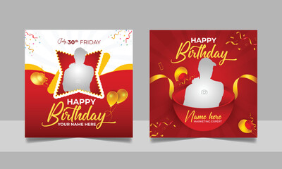 Birthday wishes social media post template, party invitation or greeting card, happy anniversary celebration square flyer web banner story design set	