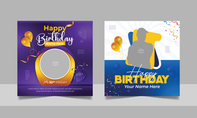 Birthday wishes social media post template, party invitation or greeting card, happy anniversary celebration square flyer web banner story design set	