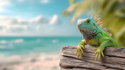 A green iguana perched on a wooden beach fence soaking up the sun with the crashing ocean waves in the background  Tropical coastal scene with copy space
