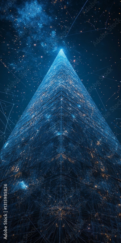 Poster a blue christmas tree with a star on top. the tree is lit up with lights and he is a part of a compu