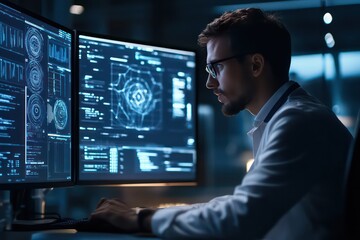 Expert analyzing machine learning code and big data insights on a digital workstation in a cutting-edge facility.