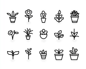 Potted Plants Icons; Gardening Symbols; White Background; Website Design
