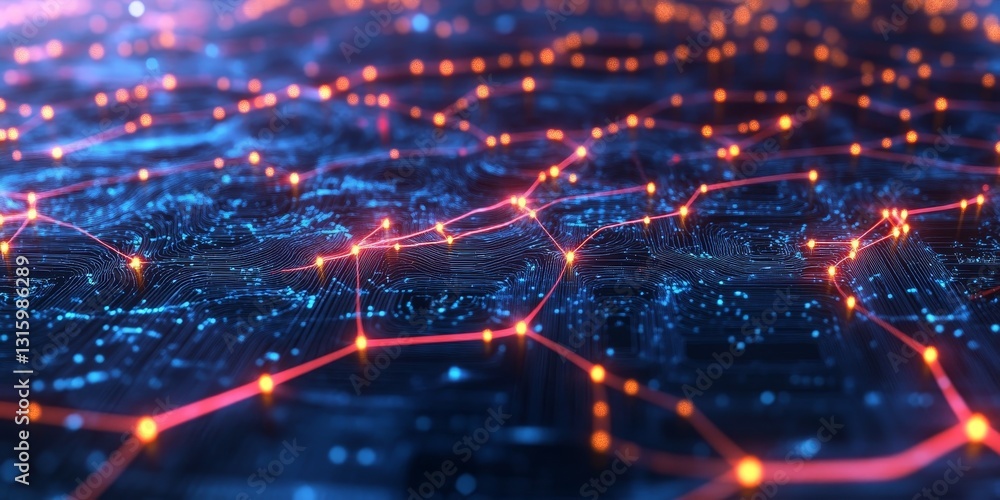 Poster this abstract image features a vibrant digital network with glowing lights and intricate lines, crea