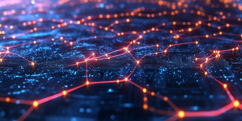 This abstract image features a vibrant digital network with glowing lights and intricate lines, creating a futuristic representation of connectivity and data flow.