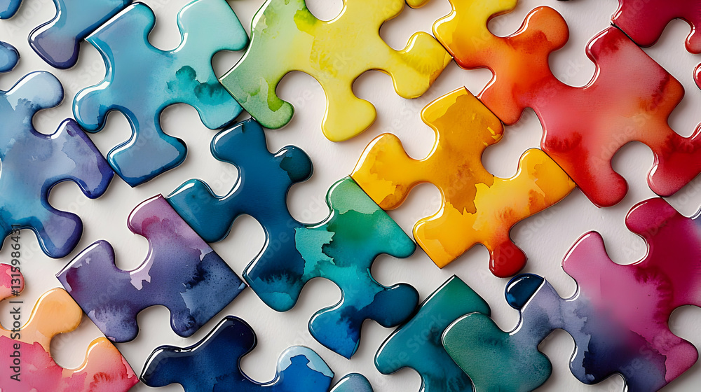 Poster vibrant watercolor puzzle pieces scattered on white background creating colorful spectrum design for
