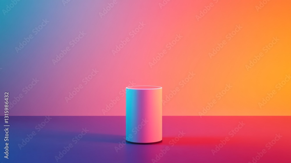 Poster this vibrant image features a minimalist white cylinder against a colorful gradient background, idea