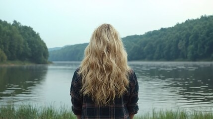 Fototapeta premium Woman with Long Blonde Hair by Calm Lake Serene Nature Scene