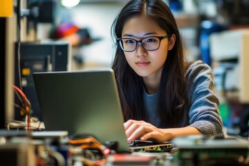 Portrait of a female engineer working on her laptop, designing AI-driven systems to optimize the functionality of electronic circuits.