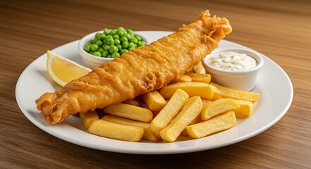 A plate of golden, crispy fish and chips served with tartar sauce and a side of mushy peas.