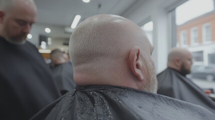 Close-Up of Haircuts in Progress at Modern Barbershop with Customers Relaxing in Stylish Black Capes