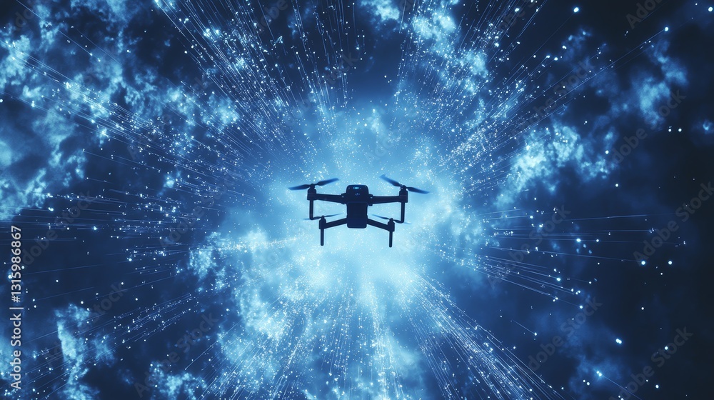 Poster this captivating image features a drone soaring through a vibrant cosmic environment filled with lig