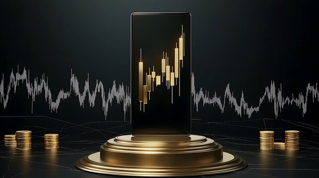 Golden Candlestick Chart on Mobile: 3D Render of Financial Market Visualization AI Generated