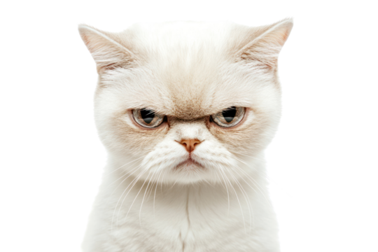 A white cat with a small, sad frown and slightly downturned ears, staring directly at the camera with a pitiful expression. Its soft fur contrasts with the clean white background.